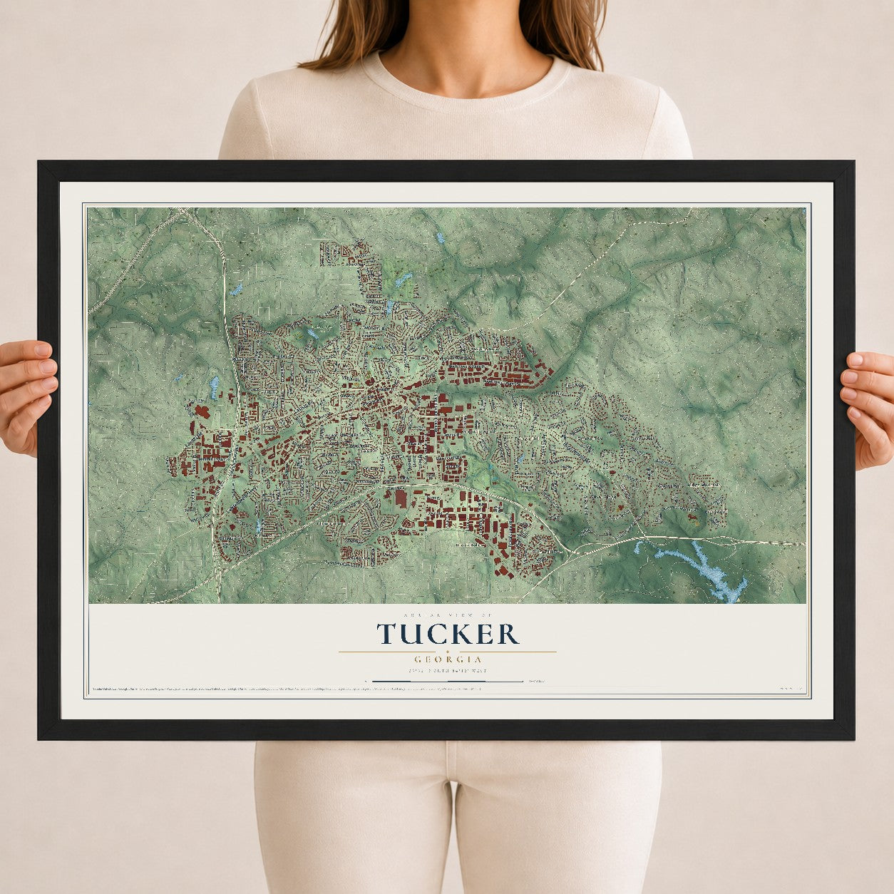 Tucker, Georgia map print, 18" x 24" W/ Black Ayous Wood Frame mockup