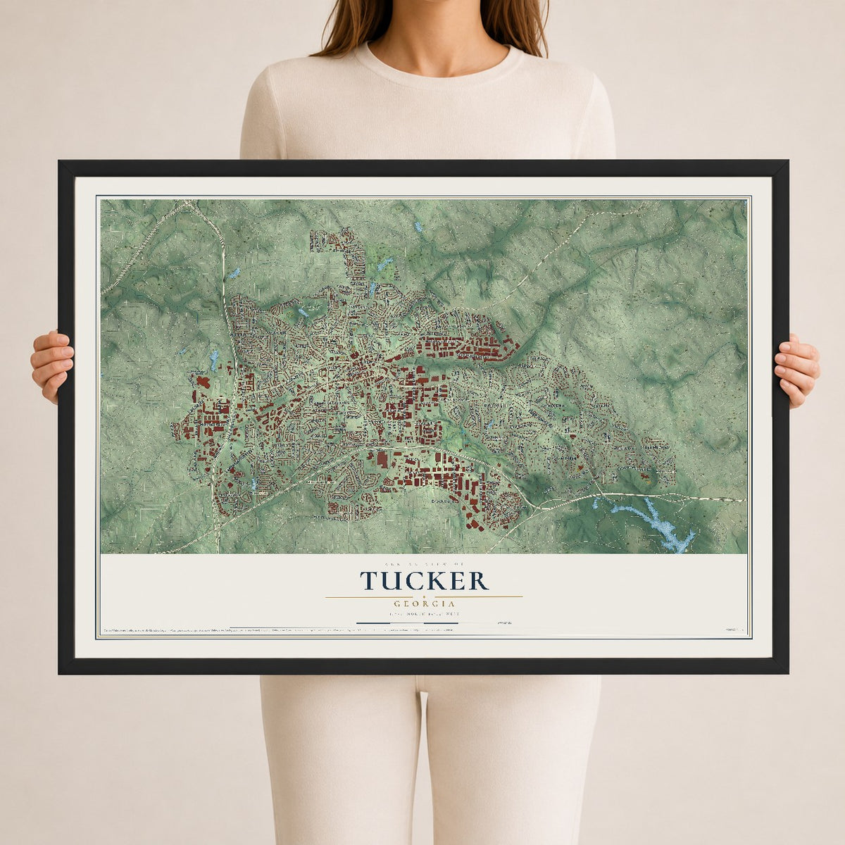 Tucker, Georgia map print, 24" x 36" W/ Black Ayous Wood Frame mockup