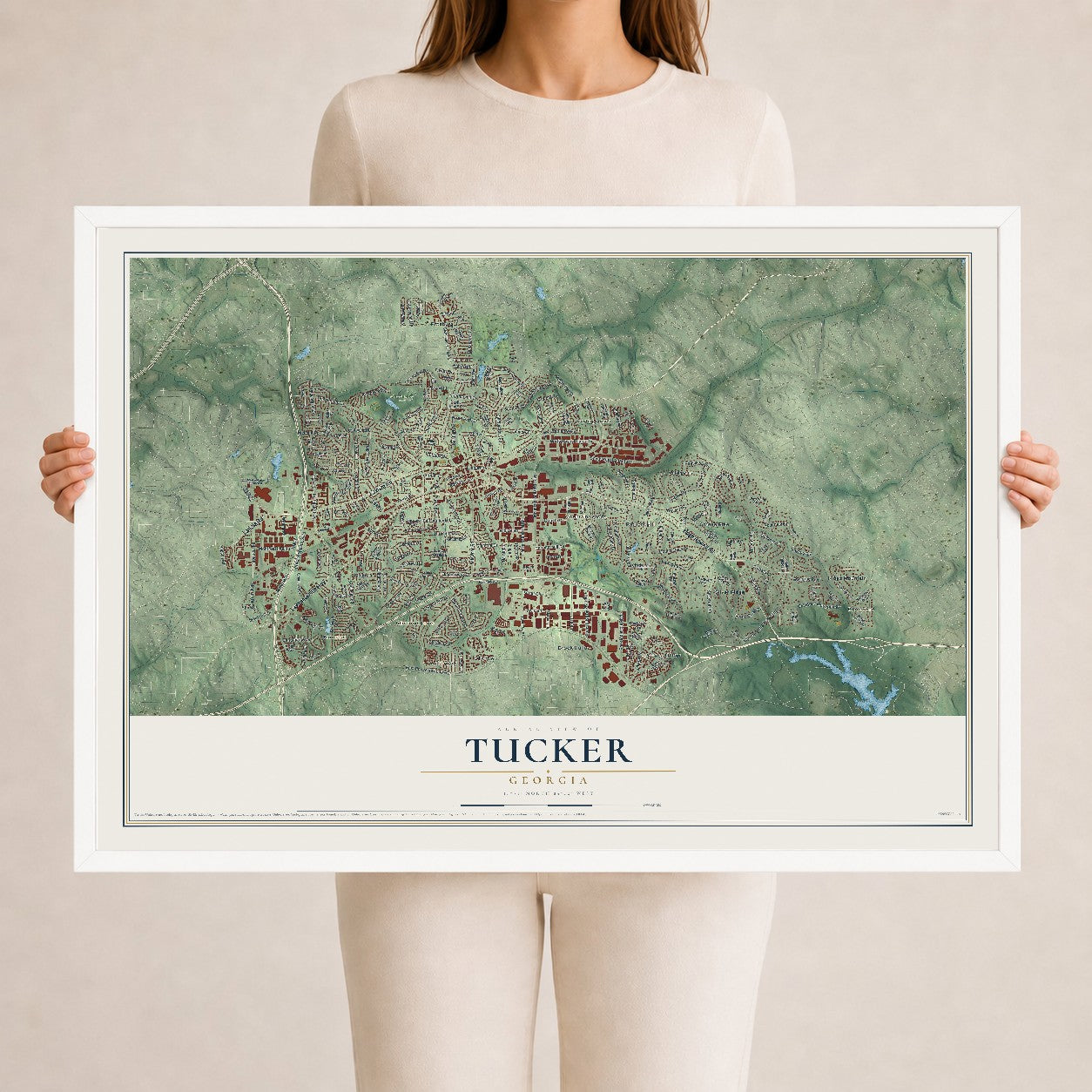 Tucker, Georgia map print, 24" x 36" W/ White Ayous Wood Frame mockup