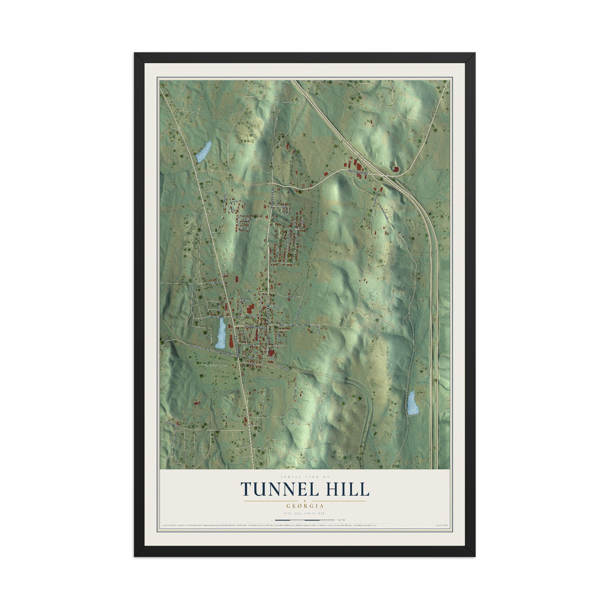 Tunnel Hill, Georgia map print, 12" x 18" W/ Black Ayous Wood Frame mockup