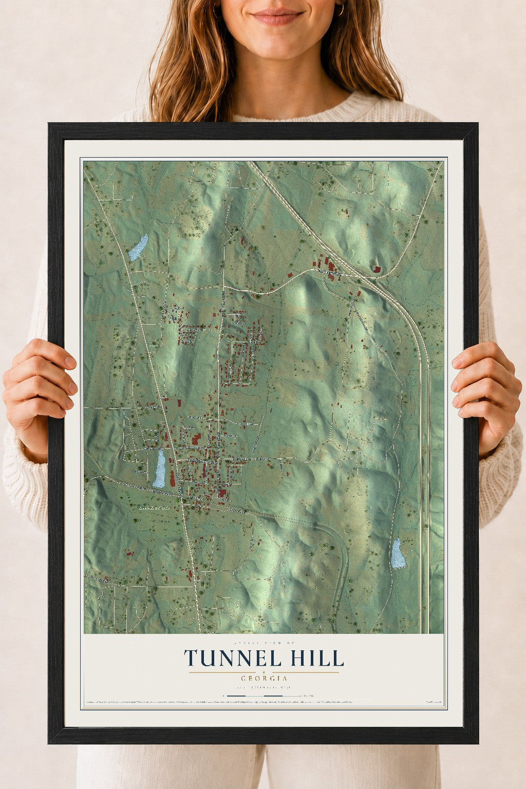 Tunnel Hill, Georgia map print, 18" x 24" W/ Black Ayous Wood Frame mockup