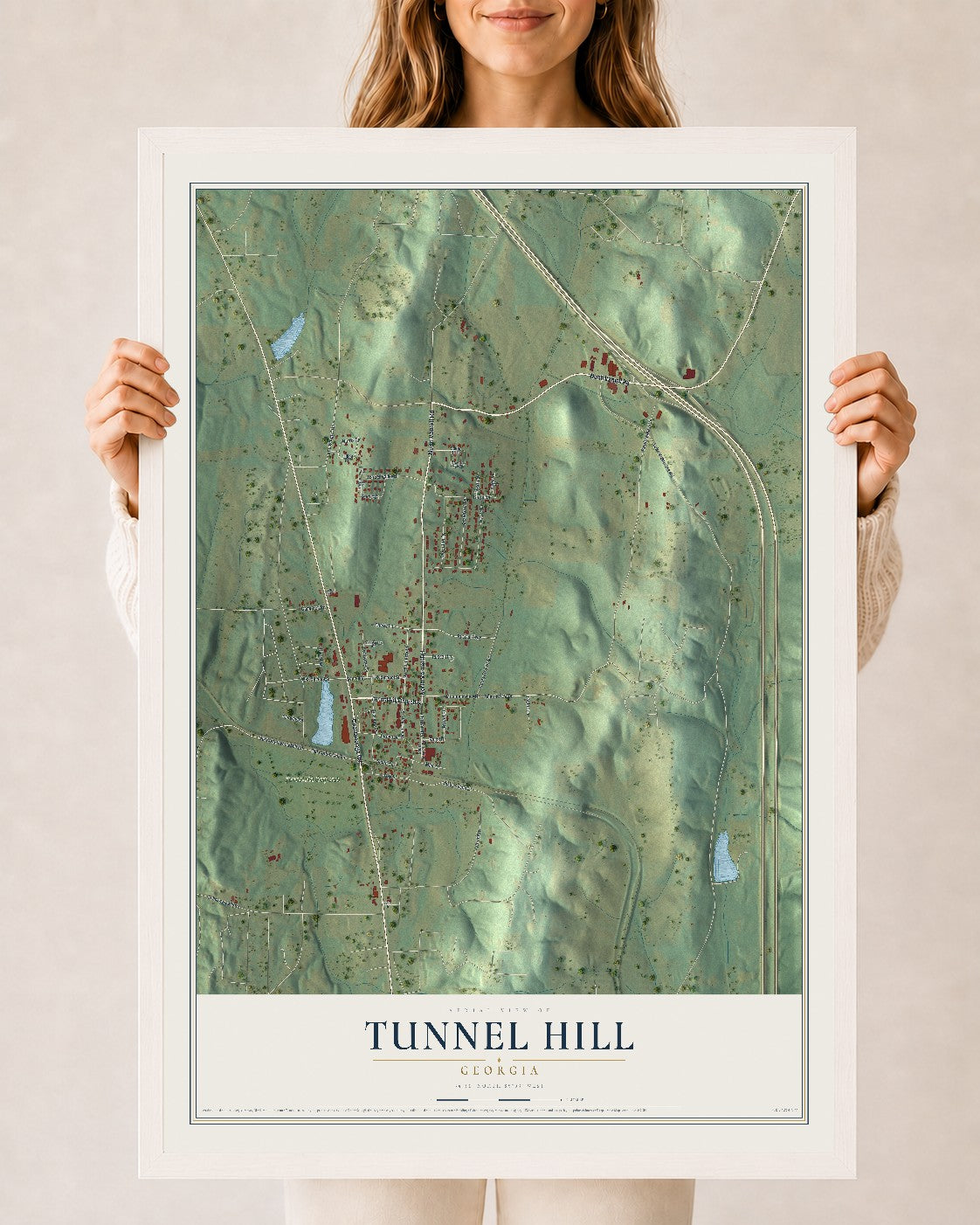Tunnel Hill, Georgia map print, 24" x 36" W/ White Ayous Wood Frame mockup