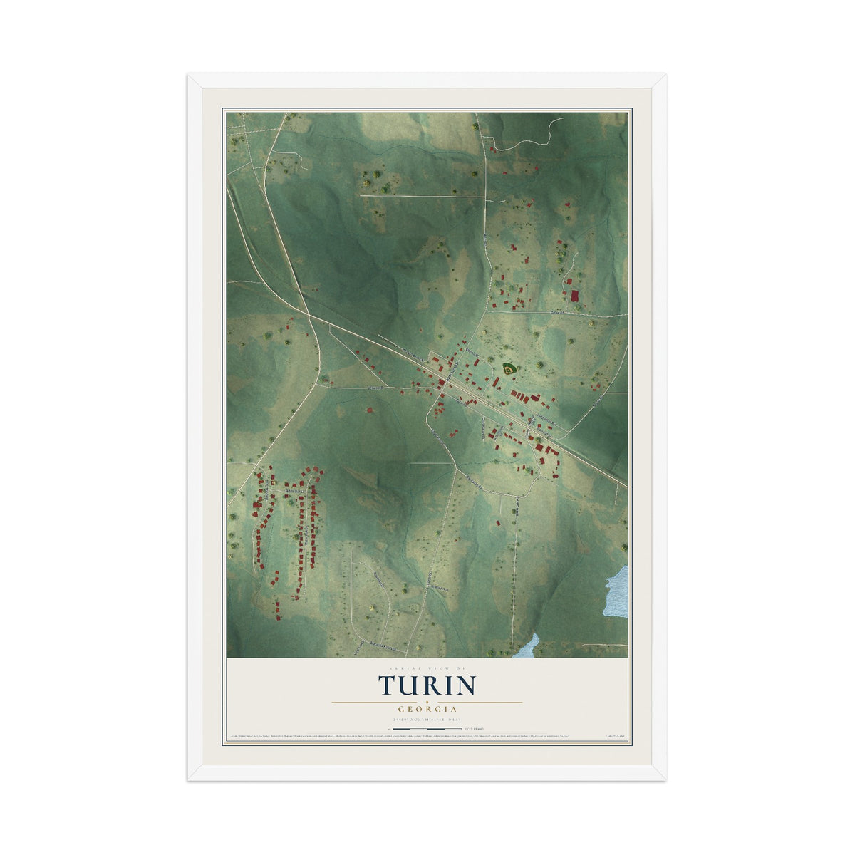 Turin, Georgia map print, 12" x 18" W/ White Ayous Wood Frame mockup