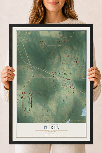 Turin, Georgia map print, 18" x 24" W/ Black Ayous Wood Frame mockup