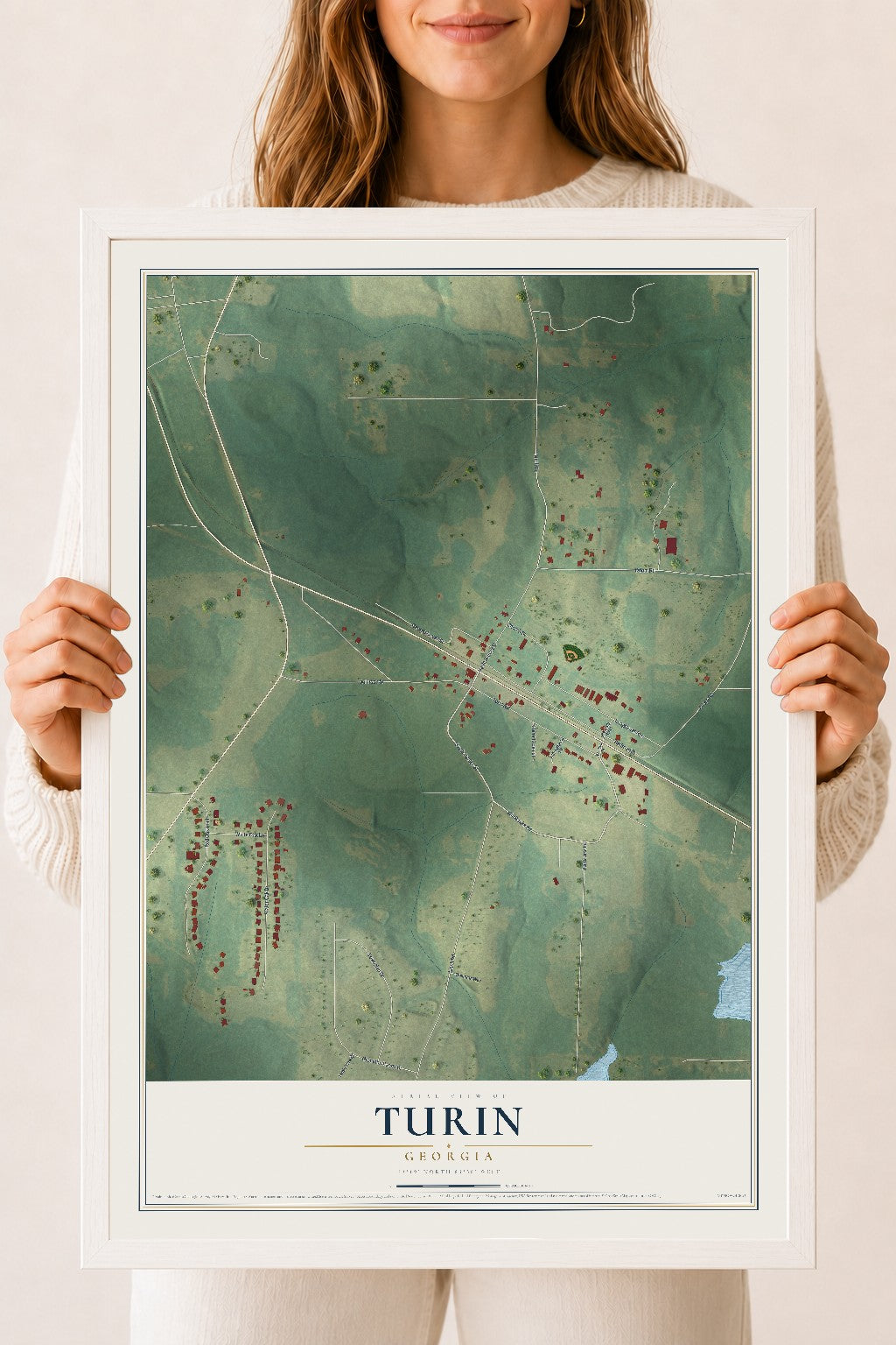 Turin, Georgia map print, 18" x 24" W/ White Ayous Wood Frame mockup