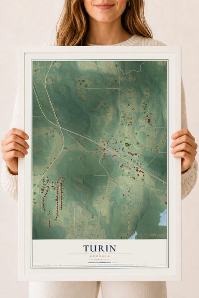 Turin, Georgia map print, 18" x 24" W/ White Ayous Wood Frame mockup