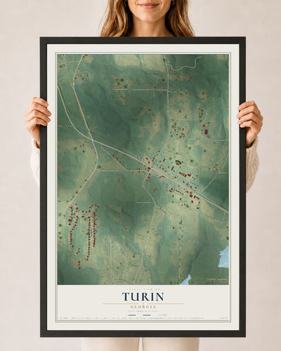 Turin, Georgia map print, 24" x 36" W/ Black Ayous Wood Frame mockup
