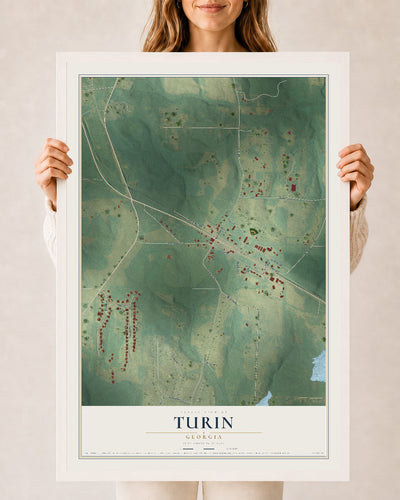 Turin, Georgia map print, 24" x 36" W/ White Ayous Wood Frame mockup