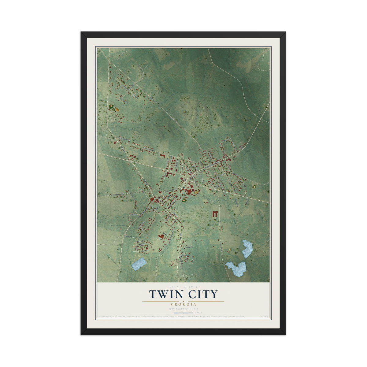 Twin City, Georgia map print, 12" x 18" W/ Black Ayous Wood Frame mockup