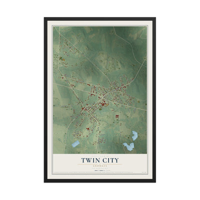 Twin City, Georgia map print, 12" x 18" W/ Black Ayous Wood Frame mockup