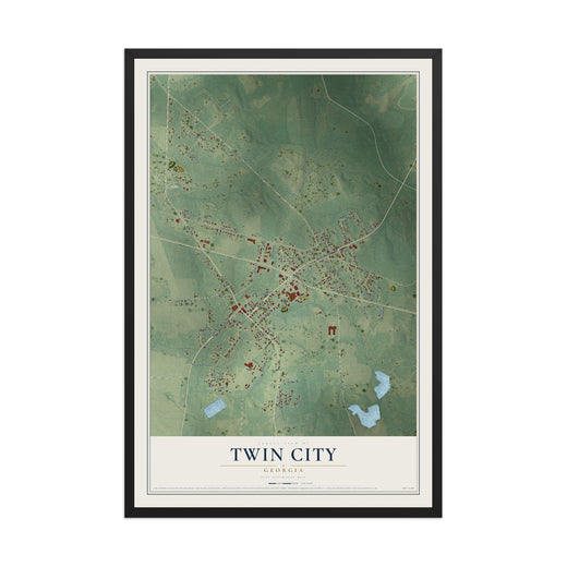 Map of Twin City, Georgia, 12 x 18 inch print in a black wood frame