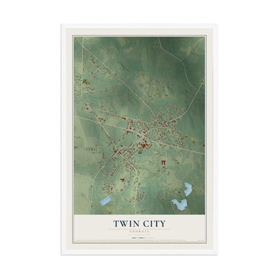 Twin City, Georgia map print, 12" x 18" W/ White Ayous Wood Frame mockup