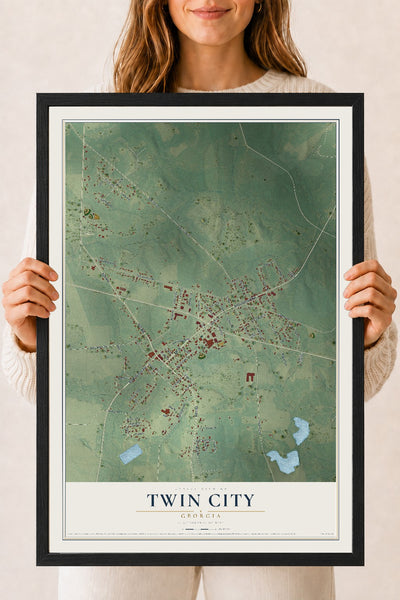 Twin City, Georgia map print, 18" x 24" W/ Black Ayous Wood Frame mockup