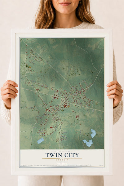 Twin City, Georgia map print, 18" x 24" W/ White Ayous Wood Frame mockup