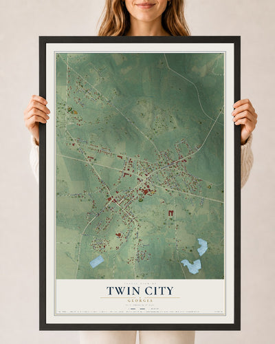 Twin City, Georgia map print, 24" x 36" W/ Black Ayous Wood Frame mockup