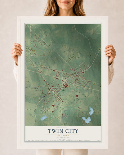 Twin City, Georgia map print, 24" x 36" W/ White Ayous Wood Frame mockup