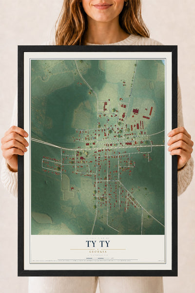 Ty Ty, Georgia map print, 18" x 24" W/ Black Ayous Wood Frame mockup