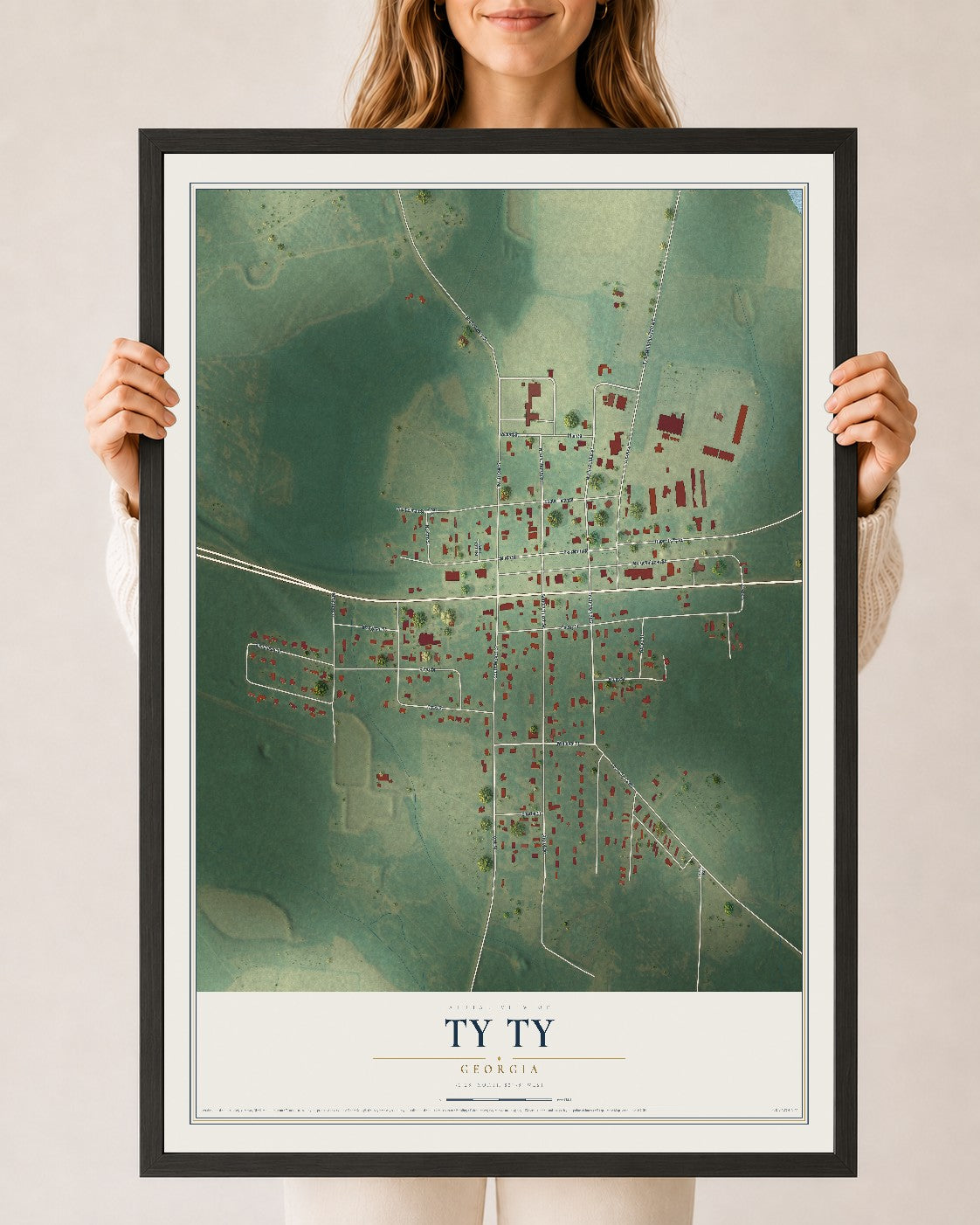 Ty Ty, Georgia map print, 24" x 36" W/ Black Ayous Wood Frame mockup