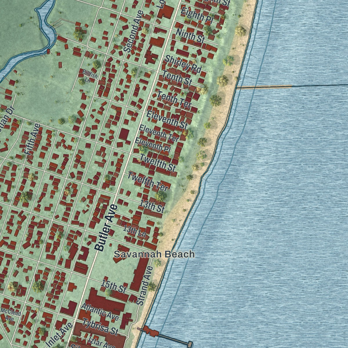 Close-up 1 of the Tybee Island, Georgia map artwork