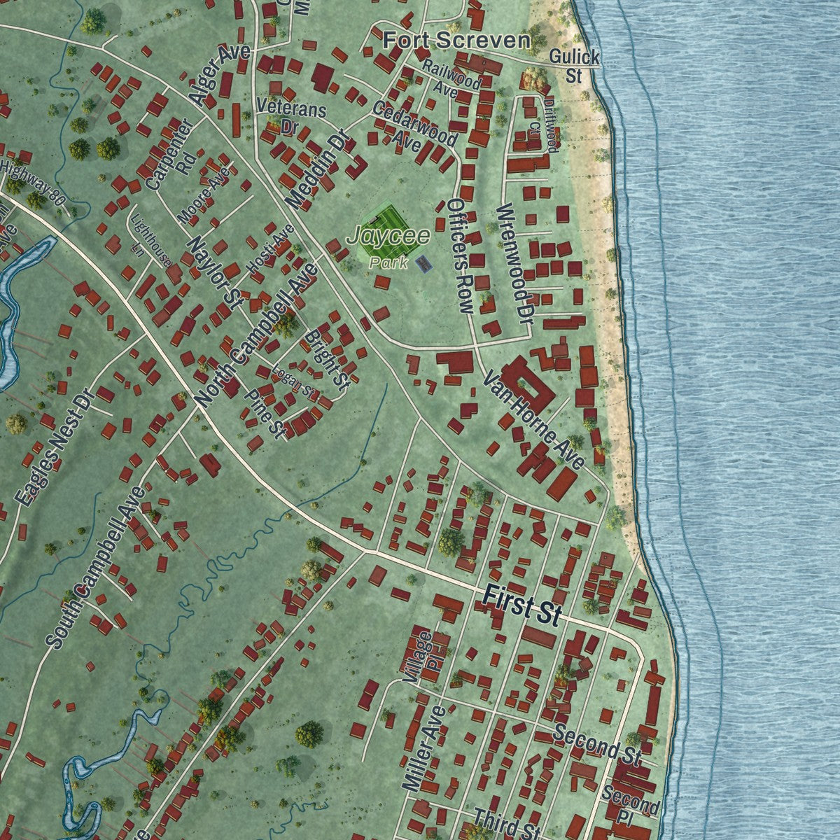 Close-up 2 of the Tybee Island, Georgia map artwork