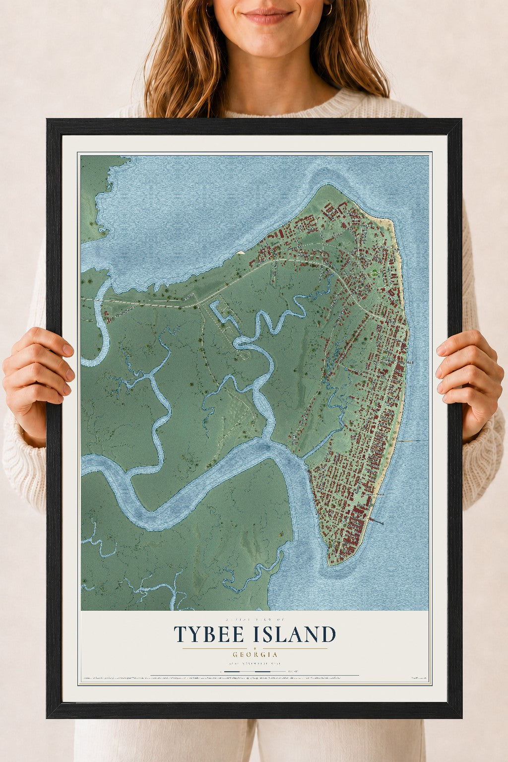 Tybee Island, Georgia map print, 18" x 24" W/ Black Ayous Wood Frame mockup