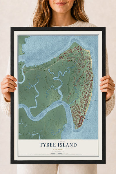 Tybee Island, Georgia map print, 18" x 24" W/ Black Ayous Wood Frame mockup
