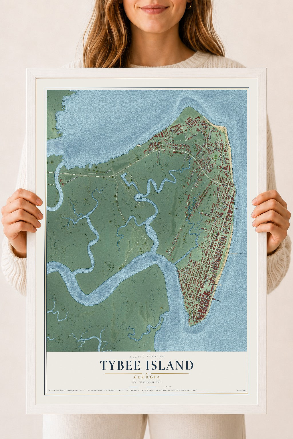 Tybee Island, Georgia map print, 18" x 24" W/ White Ayous Wood Frame mockup