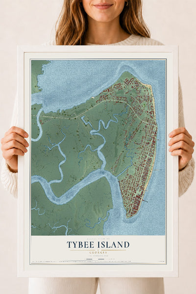 Tybee Island, Georgia map print, 18" x 24" W/ White Ayous Wood Frame mockup