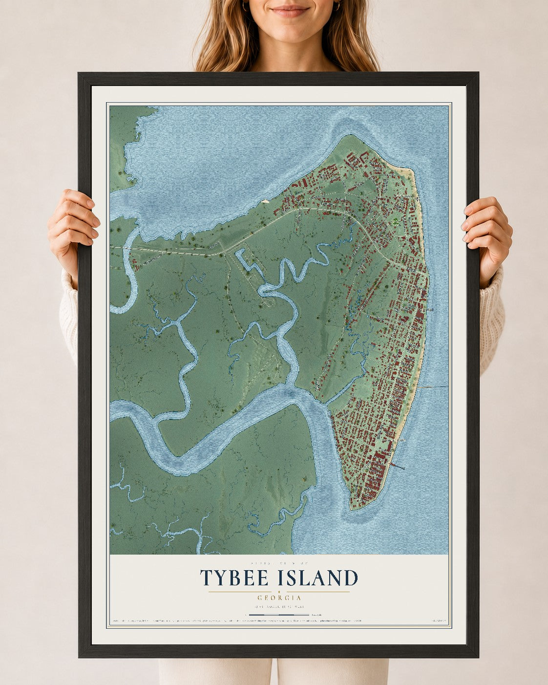 Tybee Island, Georgia map print, 24" x 36" W/ Black Ayous Wood Frame mockup