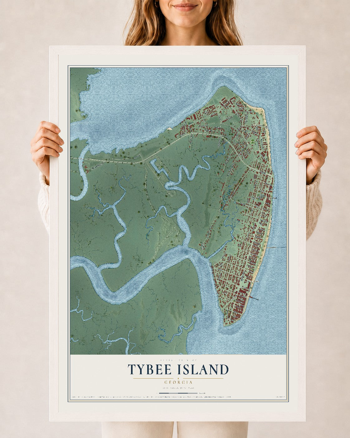 Tybee Island, Georgia map print, 24" x 36" W/ White Ayous Wood Frame mockup