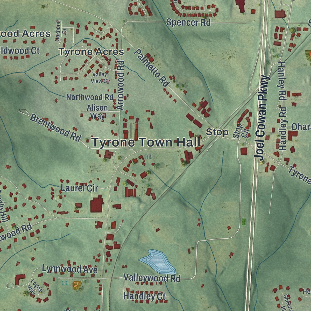 Close-up 1 of the Tyrone, Georgia map artwork