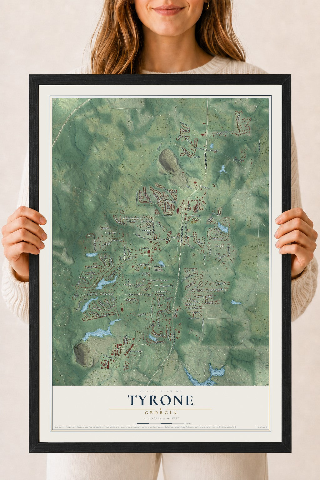 Tyrone, Georgia map print, 18" x 24" W/ Black Ayous Wood Frame mockup