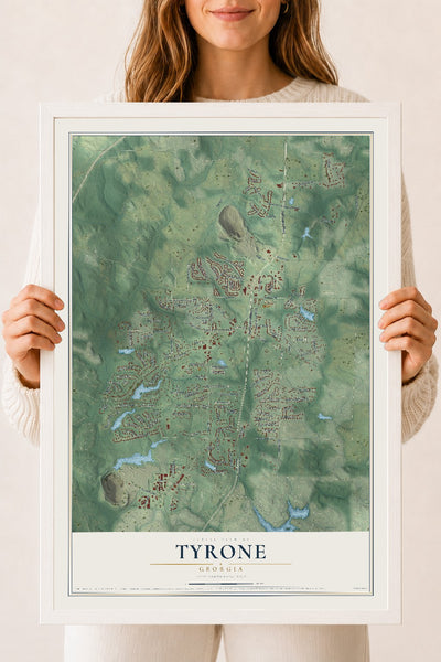 Tyrone, Georgia map print, 18" x 24" W/ White Ayous Wood Frame mockup
