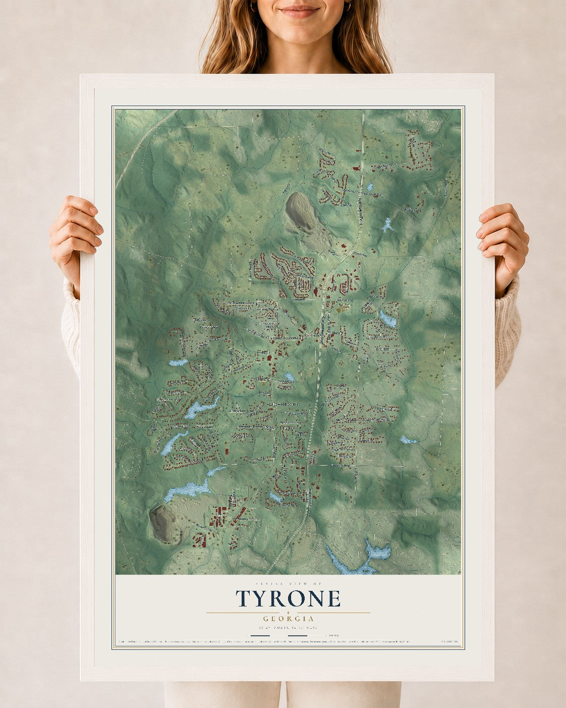 Tyrone, Georgia map print, 24" x 36" W/ White Ayous Wood Frame mockup