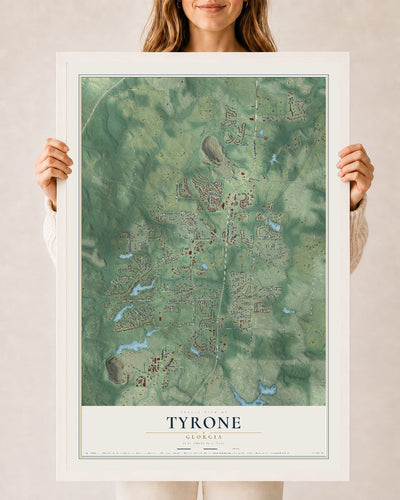 Tyrone, Georgia map print, 24" x 36" W/ White Ayous Wood Frame mockup