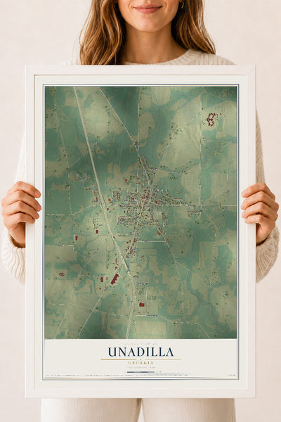 Unadilla, Georgia map print, 18" x 24" W/ White Ayous Wood Frame mockup