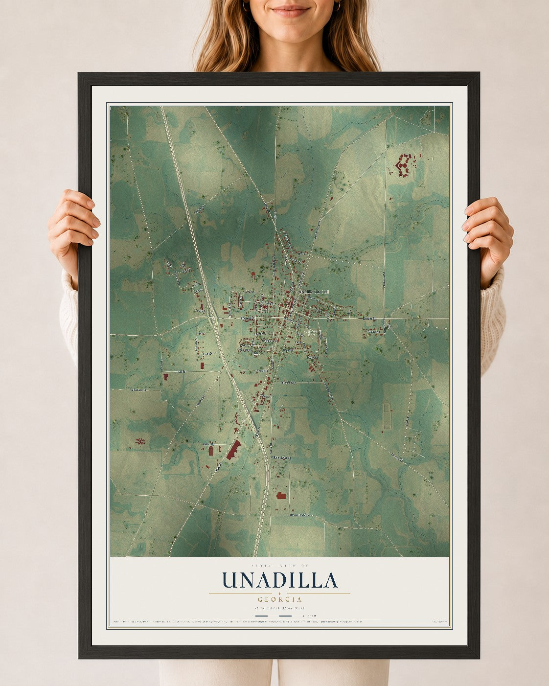 Unadilla, Georgia map print, 24" x 36" W/ Black Ayous Wood Frame mockup