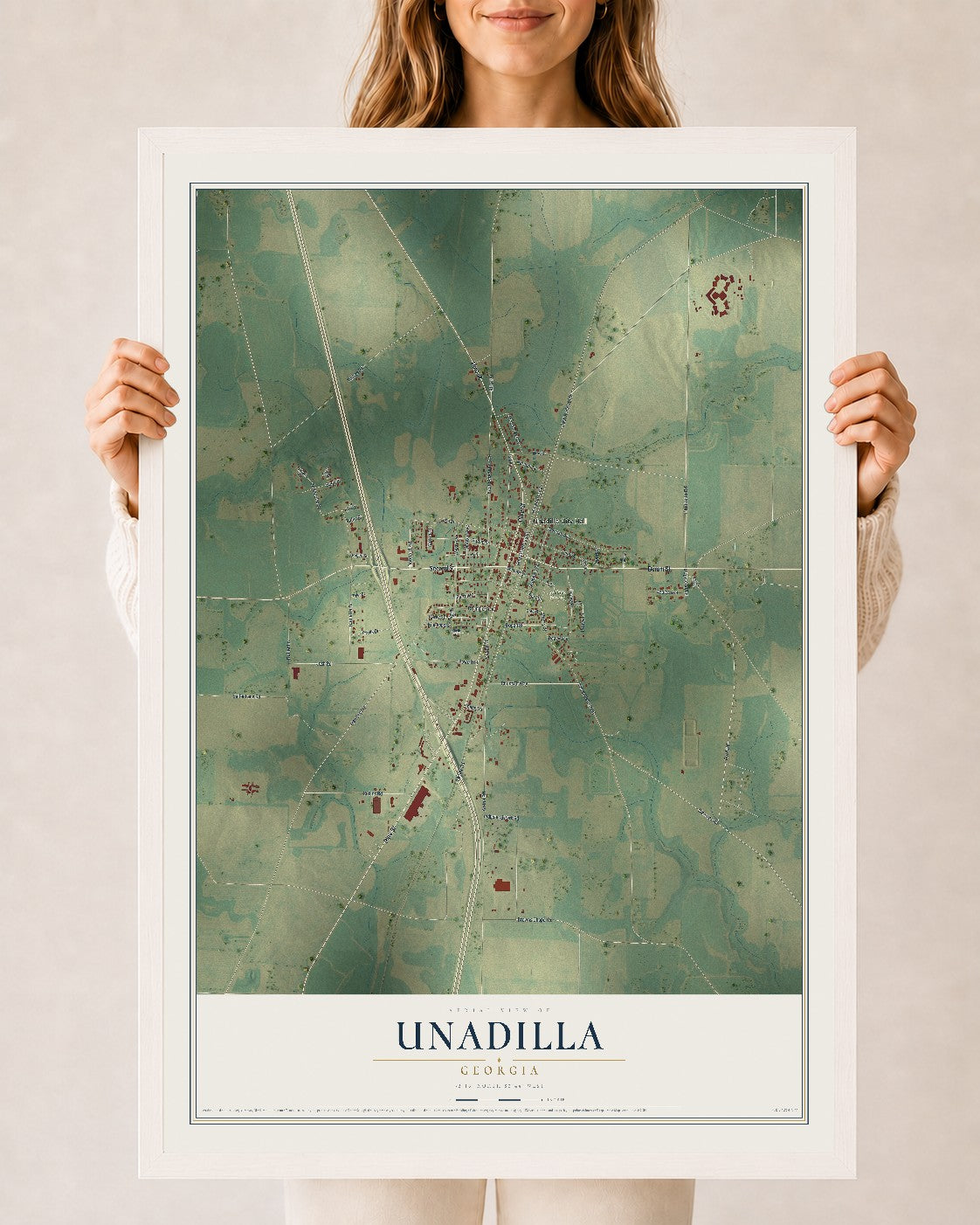 Unadilla, Georgia map print, 24" x 36" W/ White Ayous Wood Frame mockup