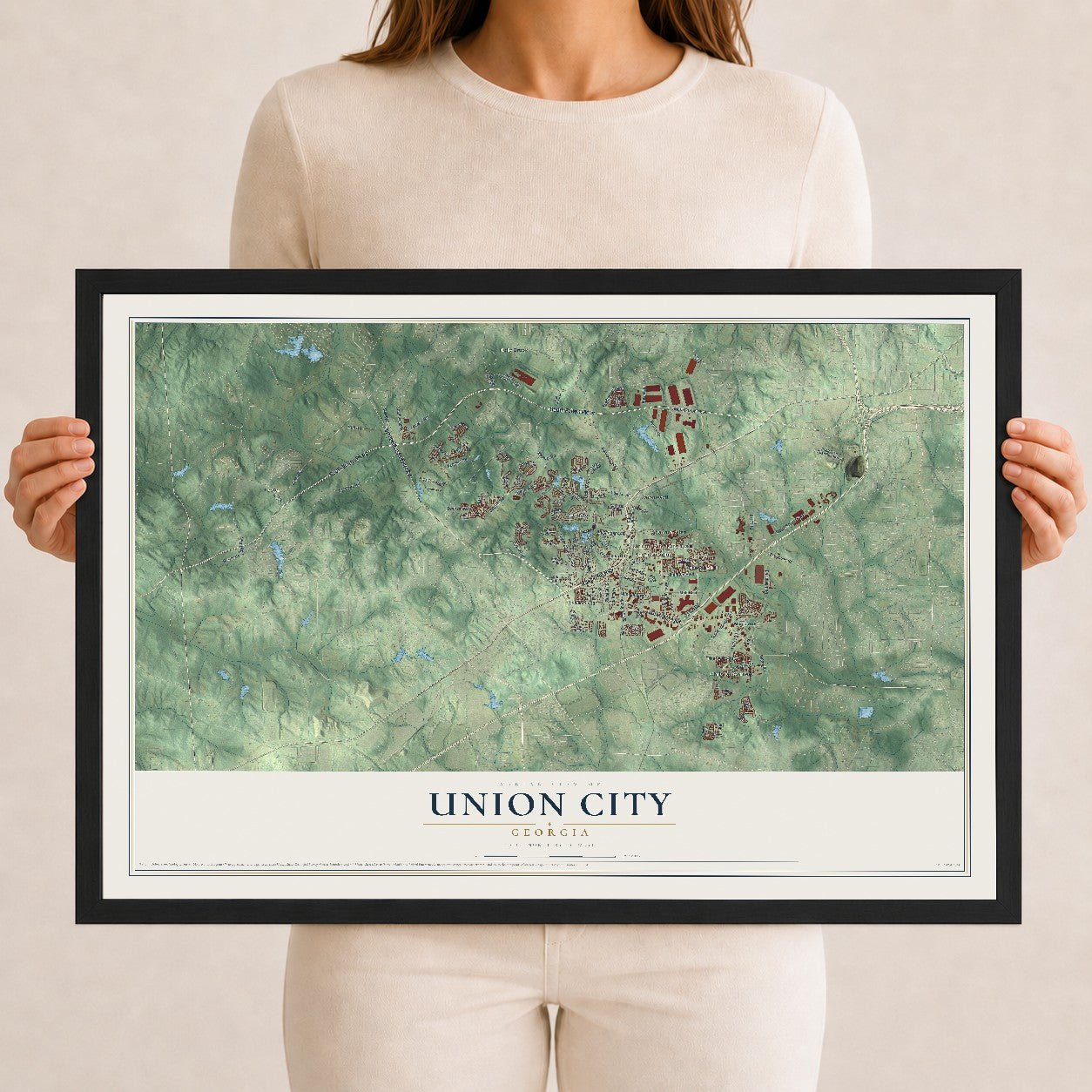 Union City, Georgia map print, 12" x 18" W/ Black Ayous Wood Frame mockup