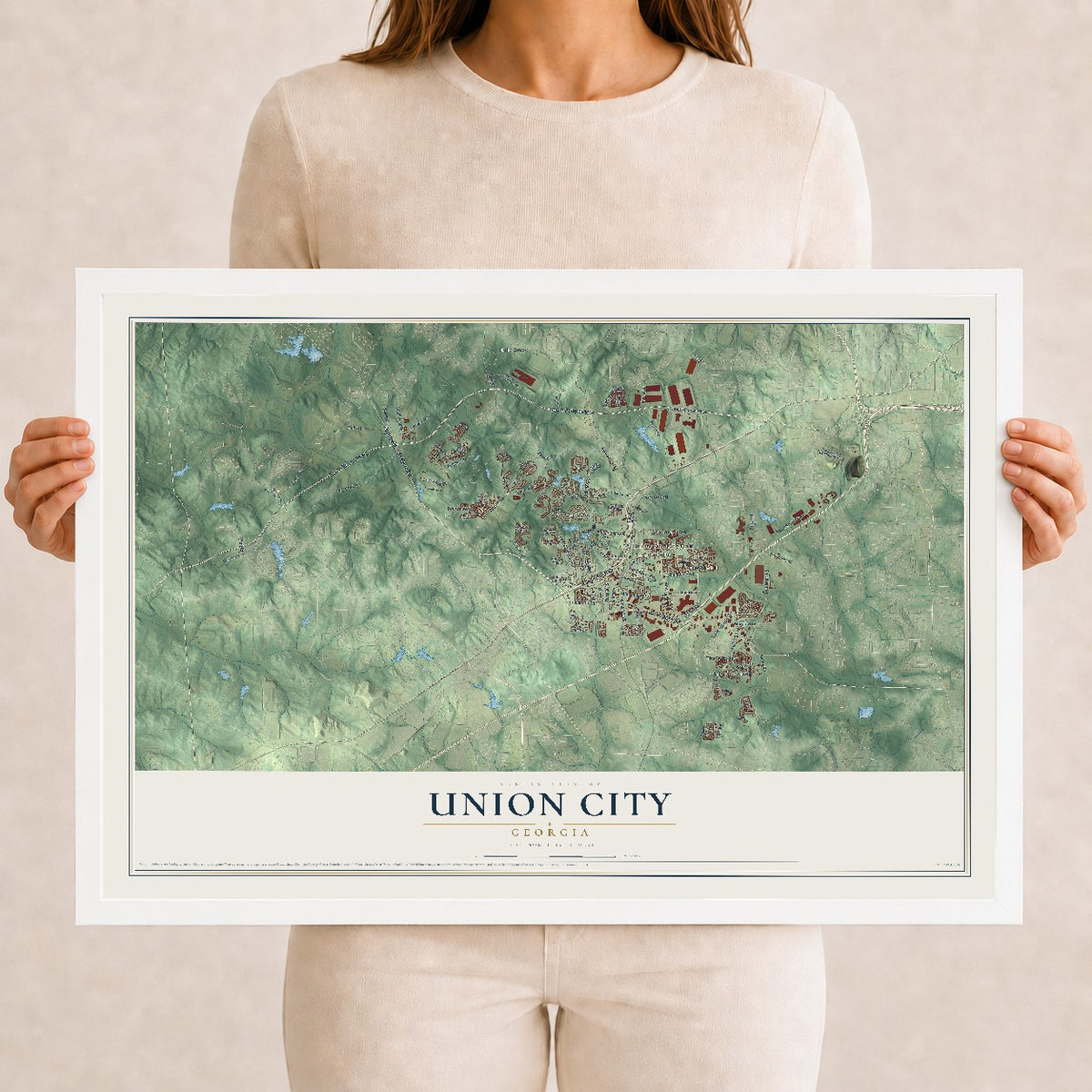 Union City, Georgia map print, 12" x 18" W/ White Ayous Wood Frame mockup
