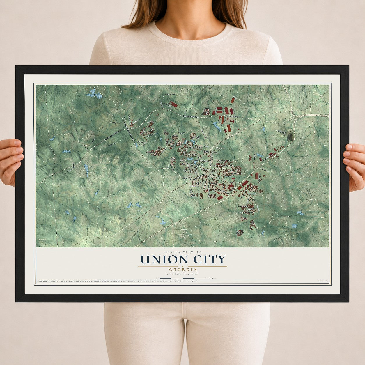 Union City, Georgia map print, 18" x 24" W/ Black Ayous Wood Frame mockup