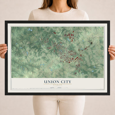 Union City, Georgia map print, 18" x 24" W/ Black Ayous Wood Frame mockup