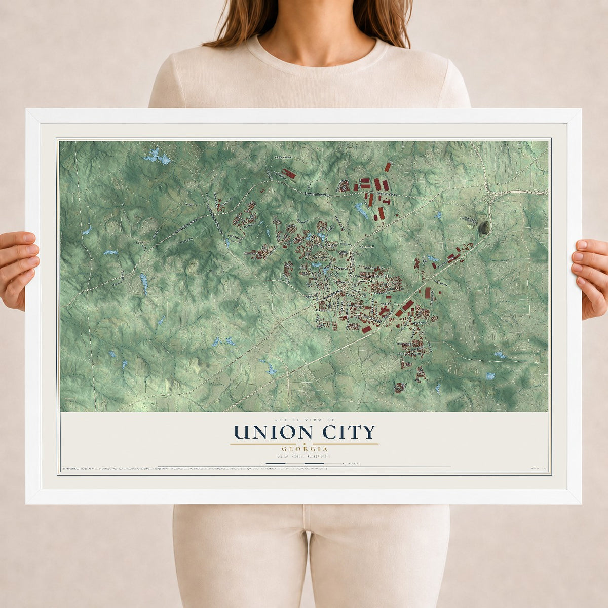 Union City, Georgia map print, 18" x 24" W/ White Ayous Wood Frame mockup
