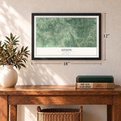 Union, Georgia map, 12 x 18 inch print in a black frame in an entryway