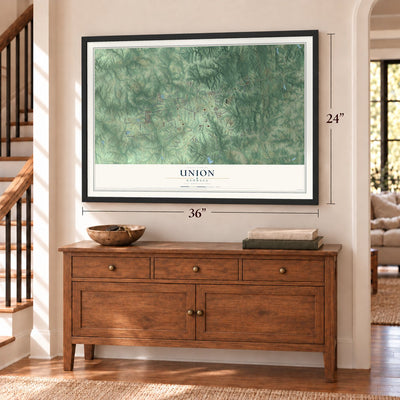 Union, Georgia map, 24 x 36 inch print in a black frame above a dresser by a staircase
