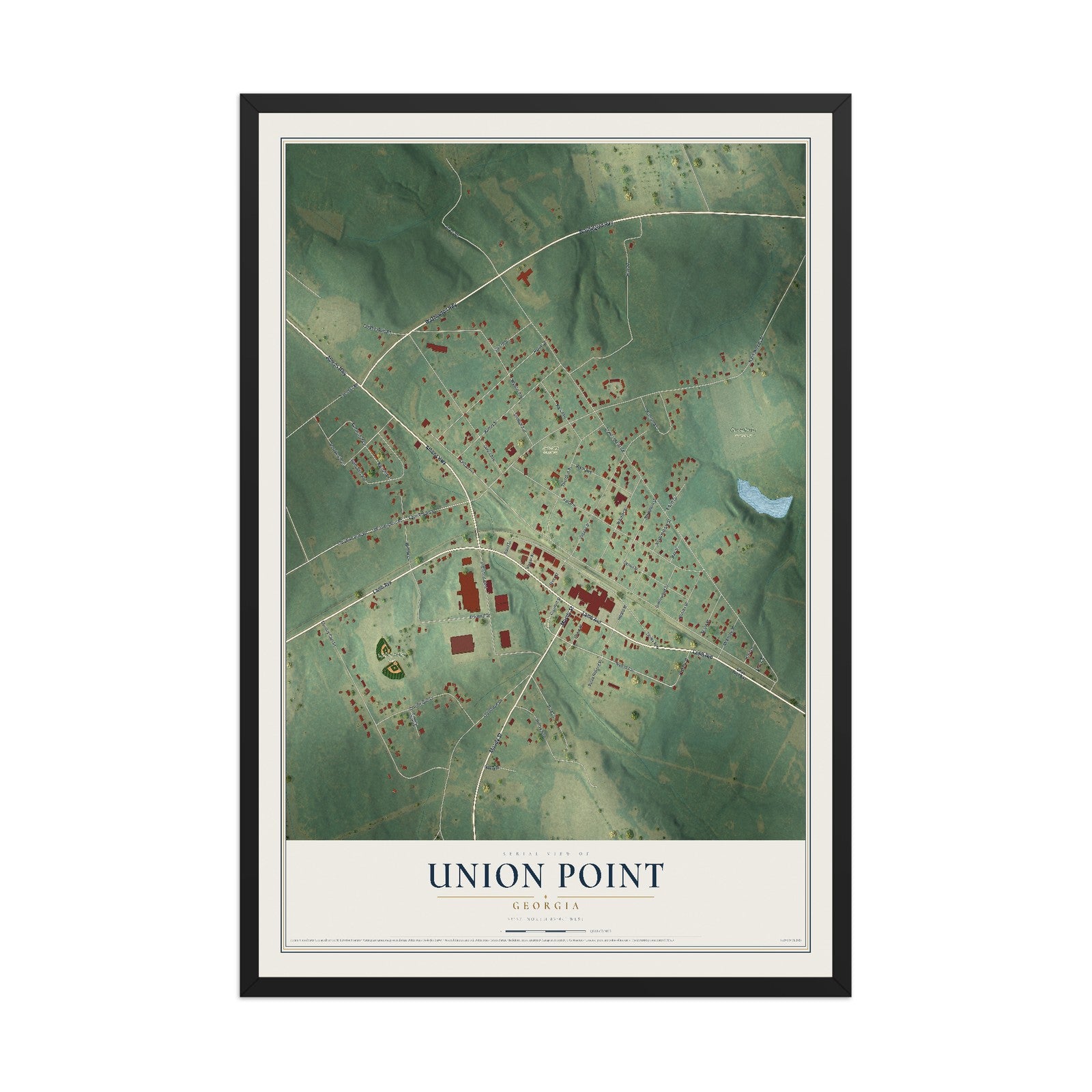 Union Point, Georgia map print, 12" x 18" W/ Black Ayous Wood Frame mockup