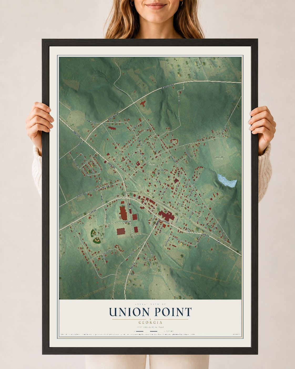 Union Point, Georgia map print, 24" x 36" W/ Black Ayous Wood Frame mockup