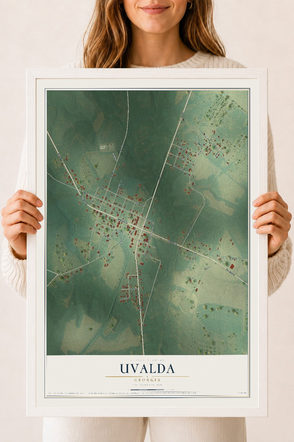 Uvalda, Georgia map print, 18" x 24" W/ White Ayous Wood Frame mockup