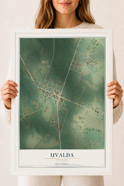 Uvalda, Georgia map print, 18" x 24" W/ White Ayous Wood Frame mockup