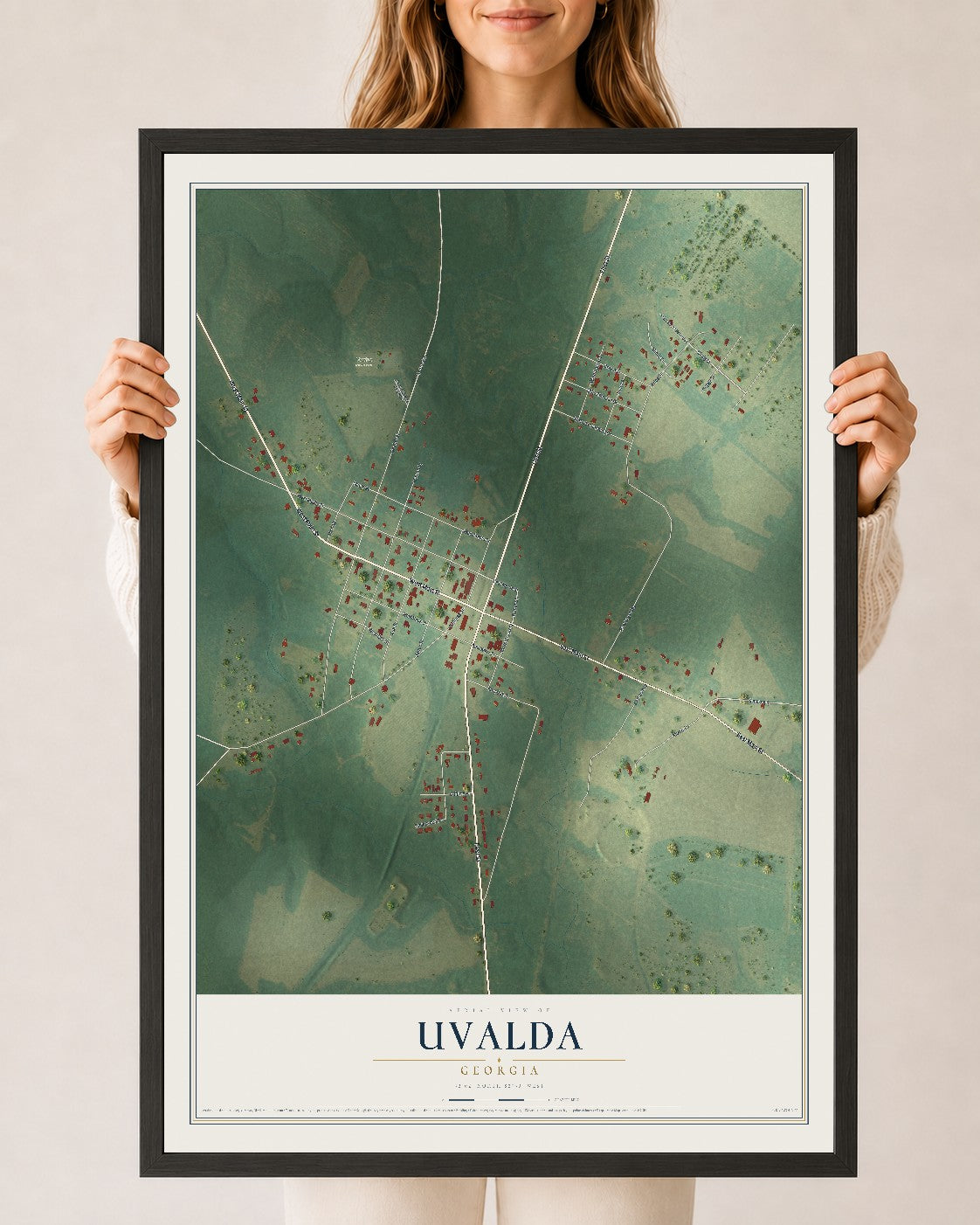 Uvalda, Georgia map print, 24" x 36" W/ Black Ayous Wood Frame mockup